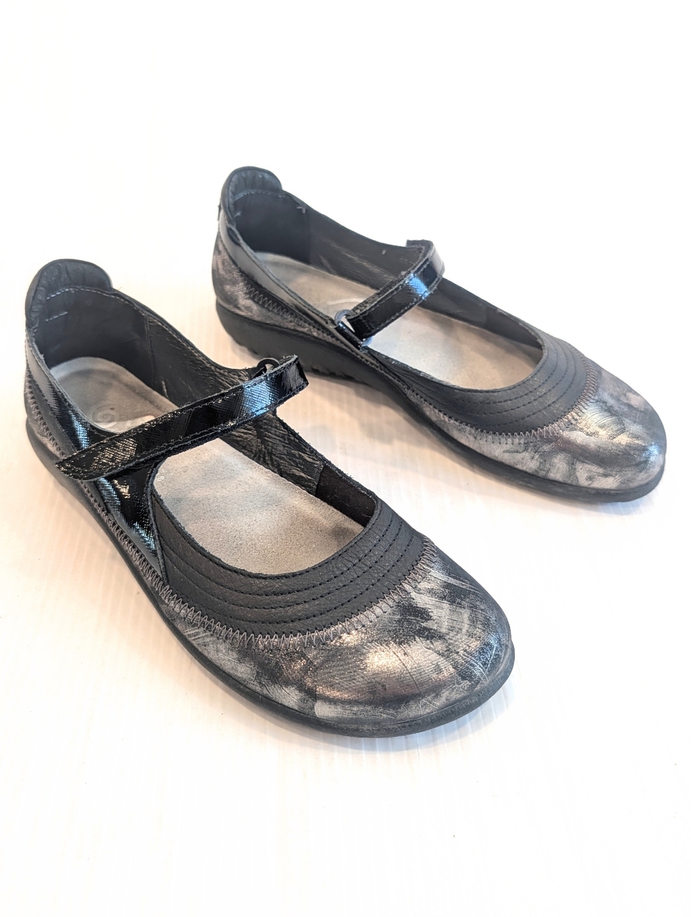 NAOT Women's Black and Silver Leather Mary Jane Flats Size 39